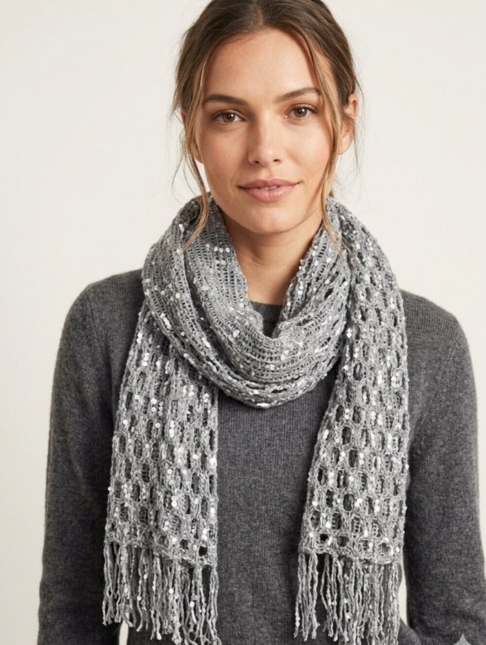 Eyeful Crochet Open Knit Gray White Fringe Scarf